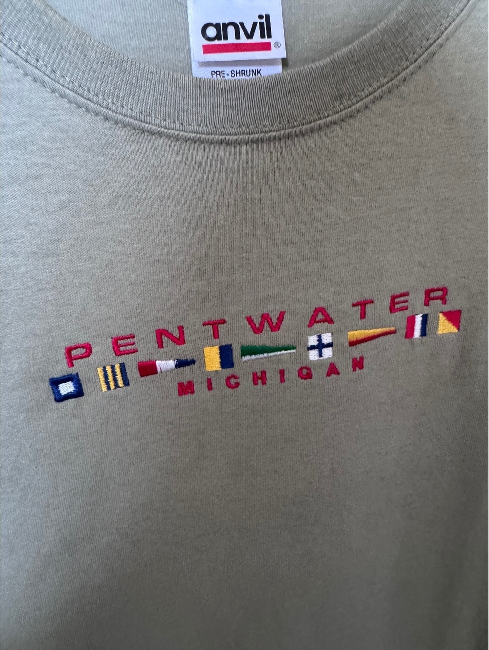 Vintage Anvil Pentwater Michigan T-Shirt Nautical Signal Flags Sage Green Tee L